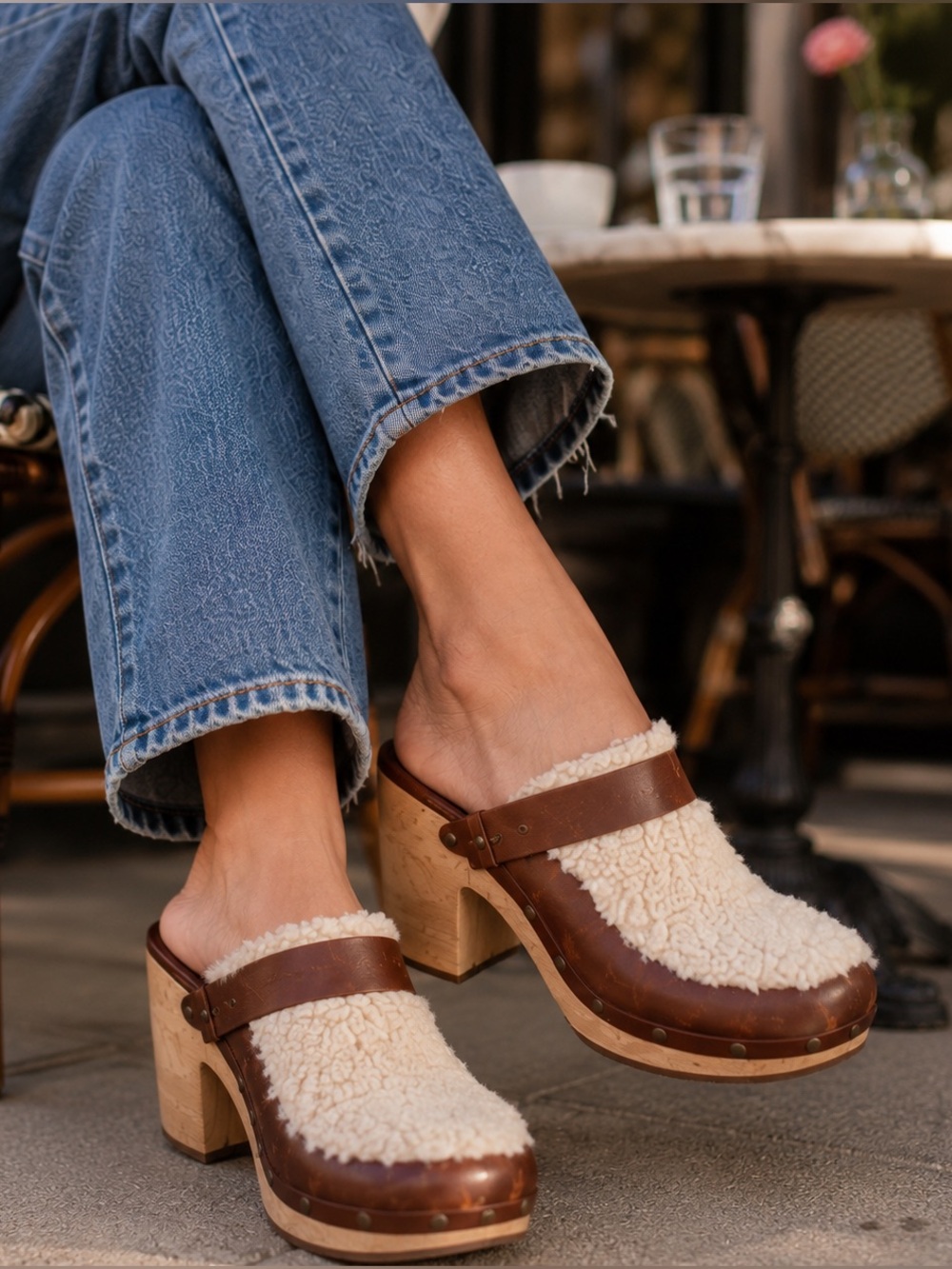 Madewell Shearling Leather Platform Clogs Mules Brown Cream Size 7.5